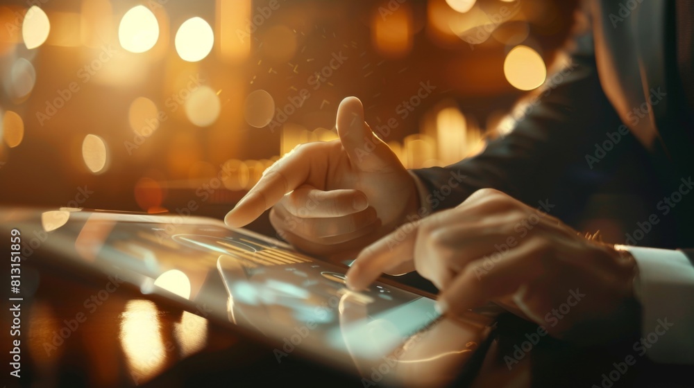 Poster a businessman analyzing gold market trends on a digital tablet with graphs and charts displayed.