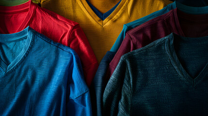 Array of Colorful High-Quality V-neck T-shirts Displayed Neatly