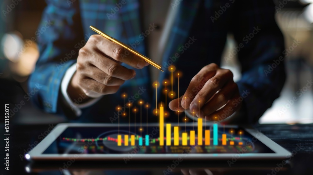 Poster a businessman analyzing gold market trends on a digital tablet with graphs and charts displayed.