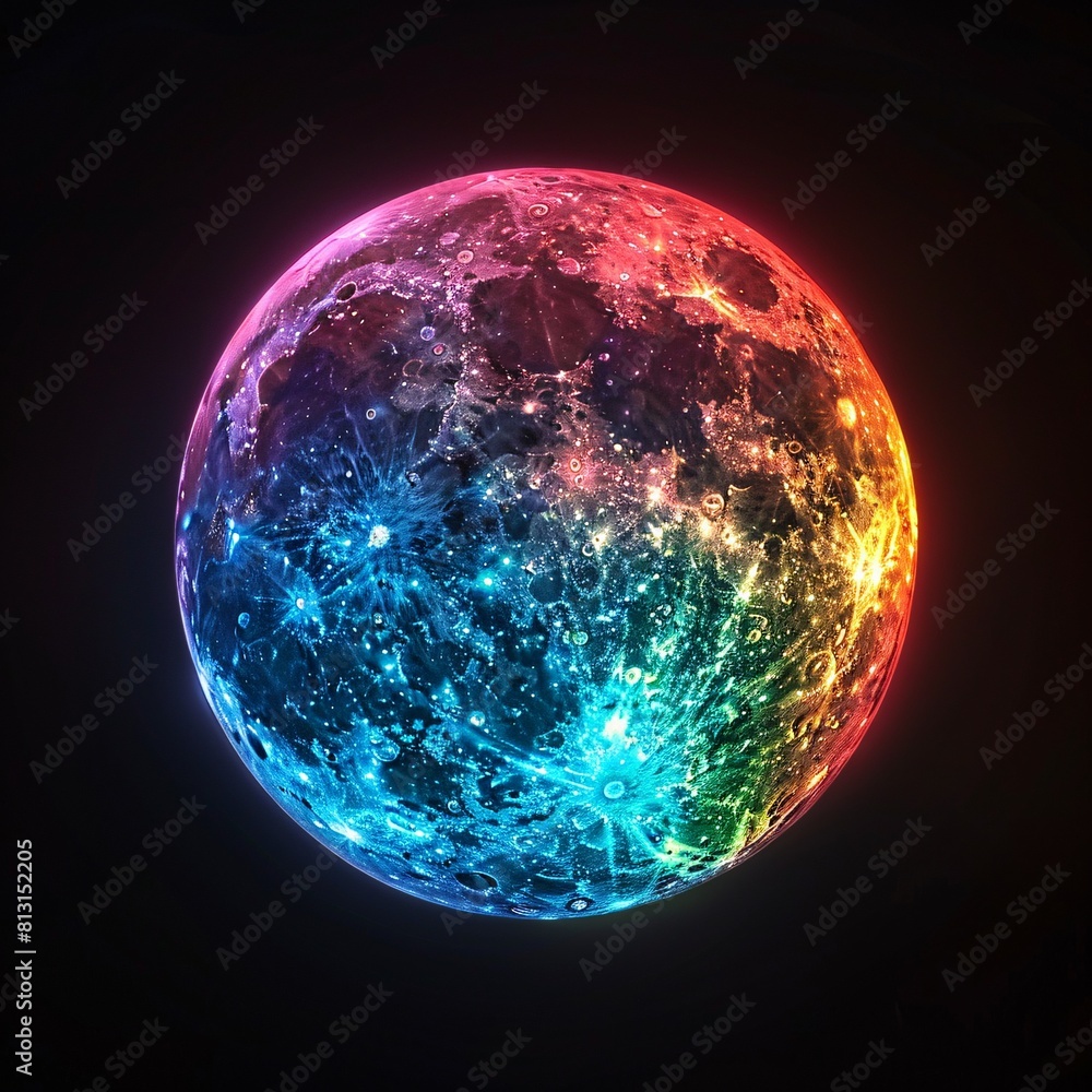 Poster vibrant rainbow moon: 3d rendering of a colorful globe with celestial nebulae surrounding it