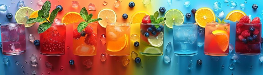 Rainbow of fruit infused water with fresh fruits.
