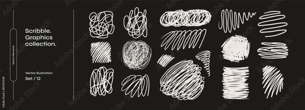 Fototapete set of drawn chaotic white lines and squiggles on a black background. wavy lines and shaded spots. s