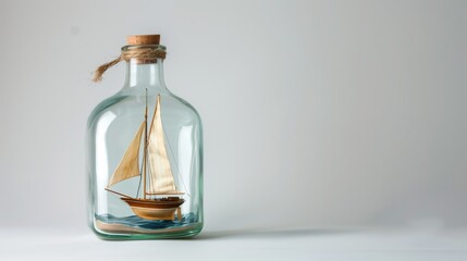 Vintage sailing ship model inside clear glass bottle on white background