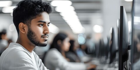 South Asian student gaining IT skills in a diverse college computer class. Concept Diversity, IT skills, College, South Asian, Computer class