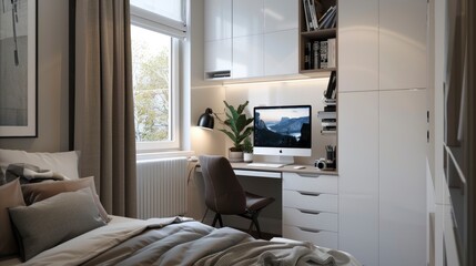 Visualize The Functionality Of A Desk In A White Wardrobe In The Bedroom, Offering A Compact Workspace In A Cozy Retreat