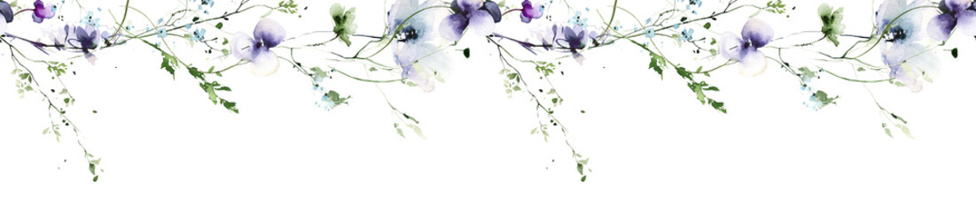 Watercolor painted floral rectangle frame on white background. Violet, blue wild flowers, green branches, leaves.