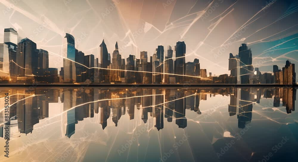 Poster abstract financial data visualization with cityscape and graph lines