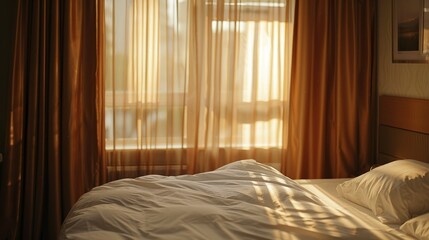 Wake Up To The Soft Morning Light Filtering Through A Brown Curtain In The Bedroom, Creating A Warm And Inviting Atmosphere