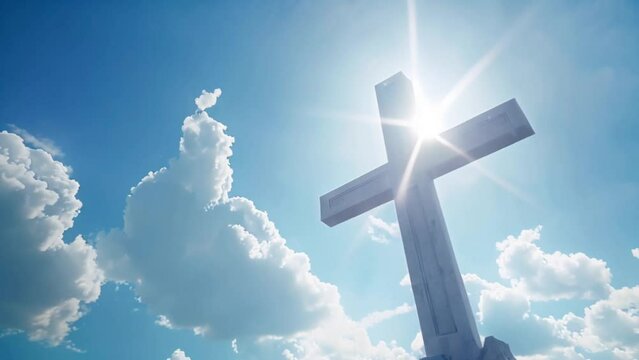 large christian cross close up with blue sky with sun and clouds, religious concept Generative AI