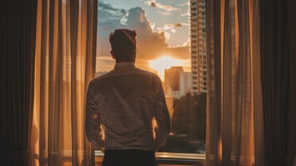 Fototapeta premium Witness The Arrival Of Tranquility As A Businessman Gazes Through The Hotel Room Window, Finding Solace In The Peaceful Surroundings