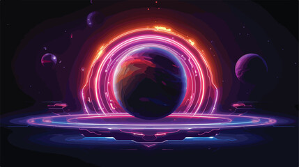 Neon lights around the circle. Planet in space. Abs
