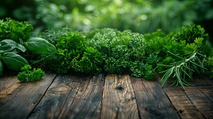 Fresh herbs on a wooden table.