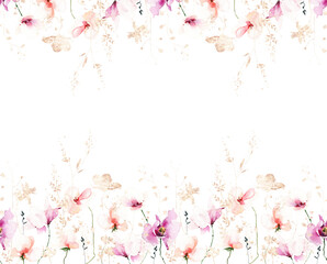 Watercolor seamless floral border frame on white background. Pink, orange, golden wild flowers, branches, leaves, twigs.