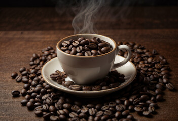 Fototapeta premium Cozy living room with coffee cup, coffee beans in wooden bowl on table. Relaxing and warm.