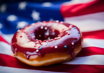 American donut with sprinkles and american flag for 4th july