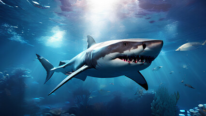 Fototapeta premium Crocodile-Skinned Shark - Enormous 3D Rendered Predator Lurking in Water