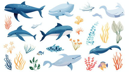 Ocean marine animals and seaweed colored sketch vec