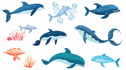 Ocean marine animals and seaweed colored sketch vec