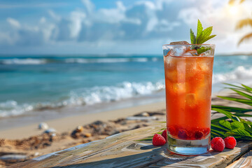 Fresh summer drinks cocktails with berries, fruits, ice and frost on glasses. Vacation open beach bar concept.