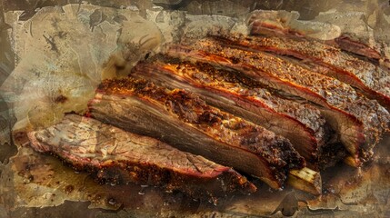 Juicy, tender slices of smoked brisket on a rustic background