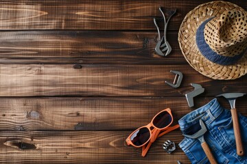 Wooden background with carpentry and father elements. Father's Day concept.