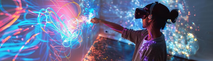 A digital artist paints with light in a virtual reality studio, turning fleeting movements into permanent spectral sculptures