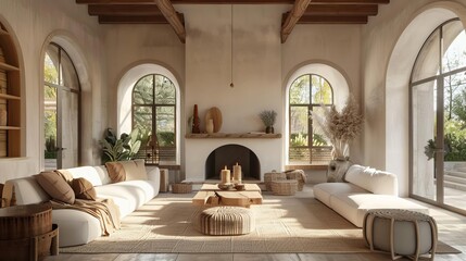 Fototapeta premium cozy mediterranean modern cottage living room interior rustic fireplace and arched windows 3d rendering