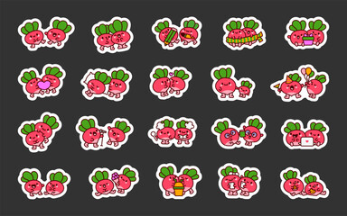 Radish couple cute cartoon characters. Sticker Bookmark. Funny adorable vegetables. Hand drawn style. Vector drawing. Collection of design elements.