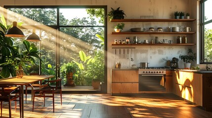 cozy modern kitchen interior with warm sunlight and houseplants inviting home mockup render