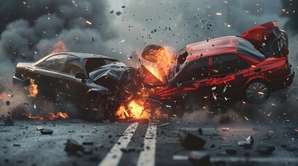 Car accident concept with two cars crashing together