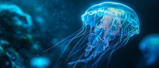 A glowing jellyfish robot floating in an underwater setting, illustrating the fusion of marine biology and robotics