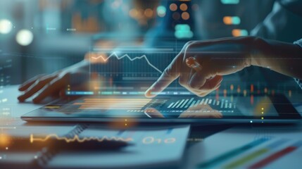 Close up of professional business man reading financial report by using tablet while making decision for investment. Skilled investor planning marketing strategy while checking at data analyze. AIG42.