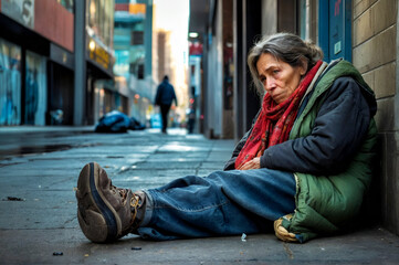 A old lonely homeless woman dressed in old clothes sits on a wet city street leaning against a shuttered storefront. Themes of urban life, solitude, and helplessness.