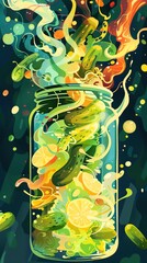 A jar of pickles with a splash of colorful brine and lemon slices. The colors are vibrant and the image is full of energy.