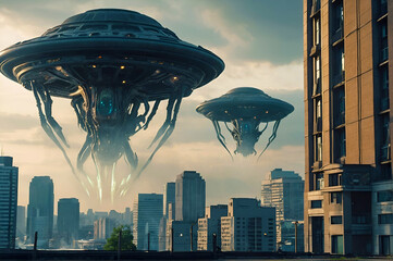 Alien Invasion Over Cityscape - Two massive, intricately designed alien spaceships hovering ominously over a modern cityscape. Themes related to science fiction and alien invasion