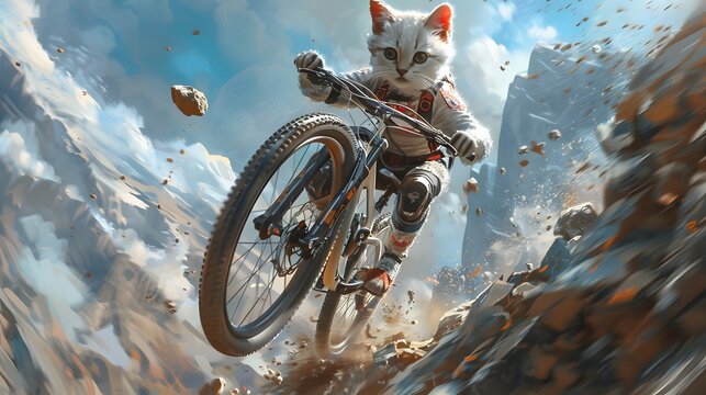 kitten as bike rider jumping from a slope on full suspension , super monster fork bike