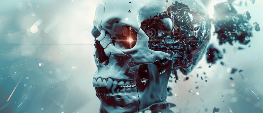 A human skull represented with missing parts in a cybernetic context, exploring themes of mortality and technology