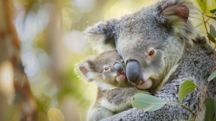 Obraz premium adorable baby koala clinging to mother heartwarming wildlife portrait