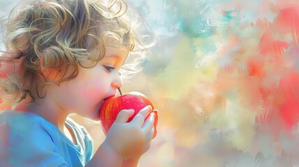 adorable toddler enjoying a fresh juicy red apple healthy eating habits digital painting