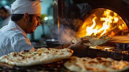 A chef skillfully preparing traditional Indian naan bread in a tandoor oven, filling the air with irresistible aroma.