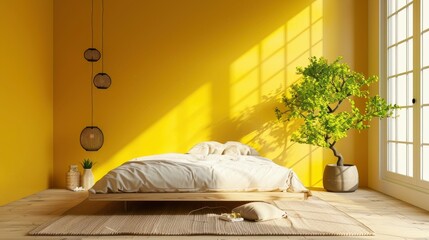Experience The Serenity Of A Minimal Yellow Interior Mock-Up, Featuring A Zen Bed, Plant, And Japanese-Inspired Decorations