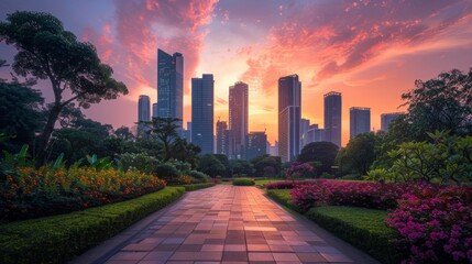 City park with a beautiful sunset and a long walking path. - obrazy, fototapety, plakaty