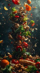 Salad ingredients fly up in the air against a dark background. - obrazy, fototapety, plakaty