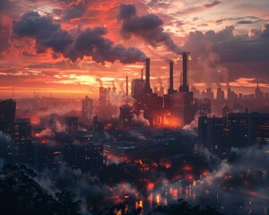 The image shows a dystopian cityscape with a large factory in the center - obrazy, fototapety, plakaty