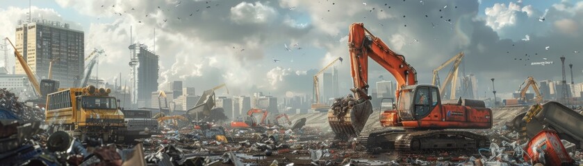 The image shows a construction site with a large excavator in the foreground - obrazy, fototapety, plakaty