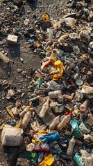 The image shows a large amount of trash and debris on the ground. There is a lot of plastic, glass, and metal trash. The area is very polluted and needs to be cleaned up. - obrazy, fototapety, plakaty