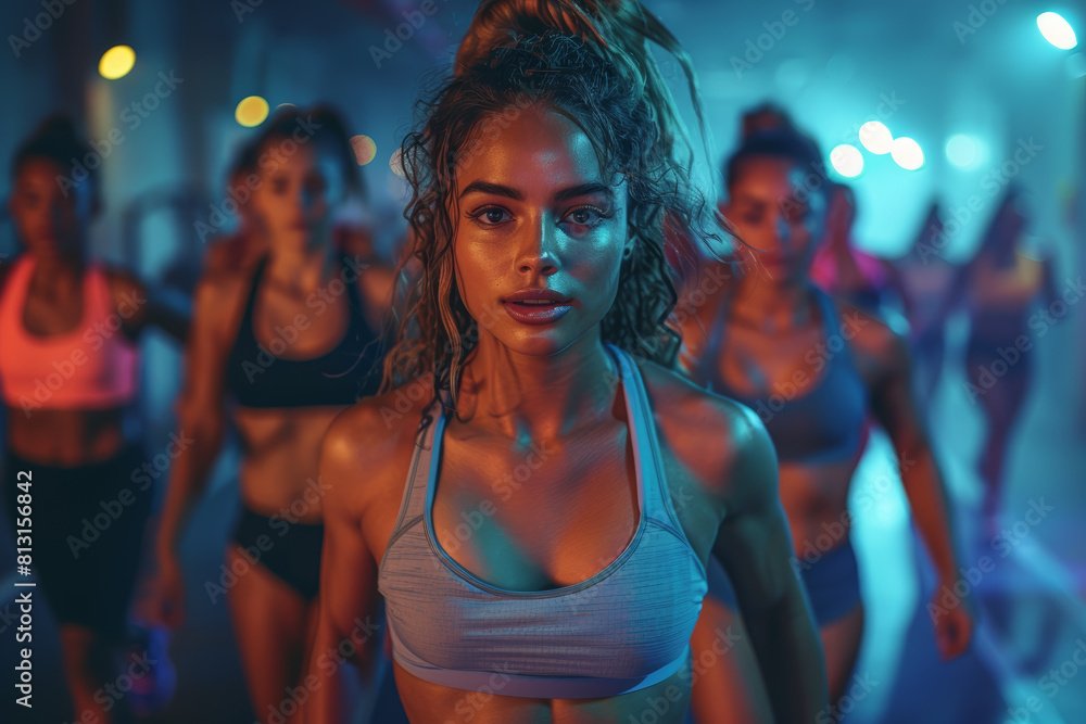 Poster a group of individuals participating in a circuit training session, rotating through different exerc