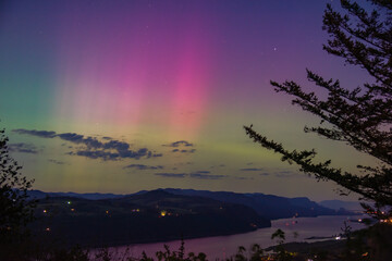 Northern lights aurora borealis over Columbia River Gorge, Oregon