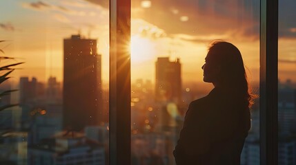 Fototapeta premium ambitious businesswoman gazing at city skyline from office window manifesting goals at golden hour