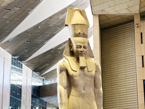 Giza, Egypt, April 13 2024: Ramses II from The Grand Egyptian Museum, New Giza Museum, Egypt's gift to the world, the largest archaeological museum in the world, near the Giza pyramid complex